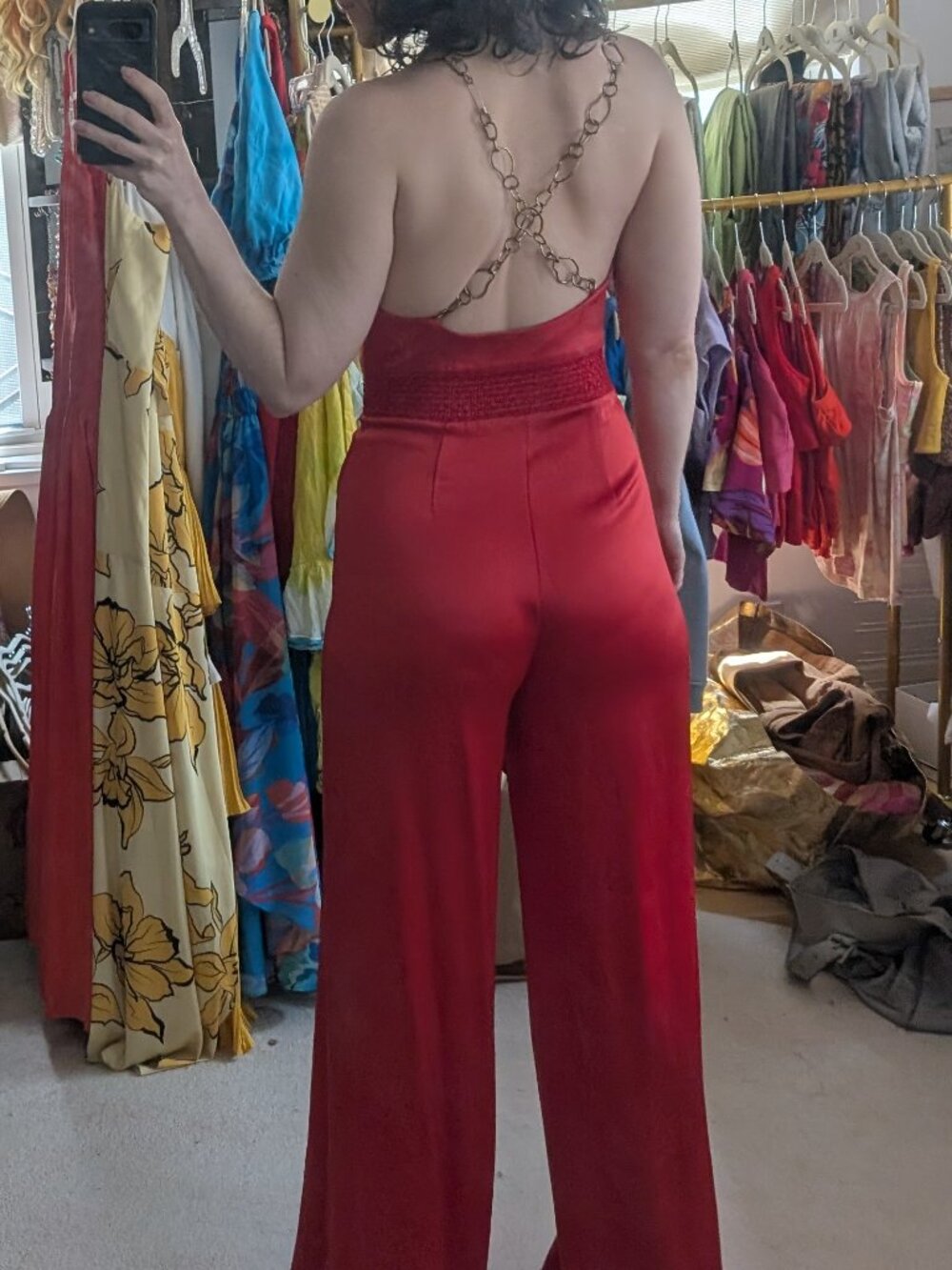 A+O Riska Cowl Neck Chain Strap Jumpsuit in Red & Gold - Picture 3 of 16